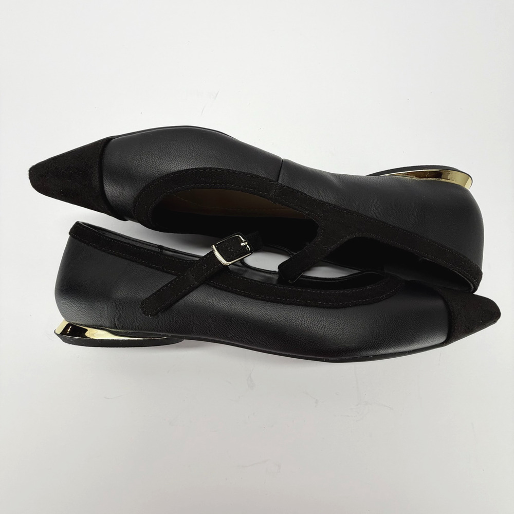 Alfani Step N Flex Ankle Strap Pointed Toe Flats Black Gold Sze 6M Classic Comfy - Picture 3 of 10